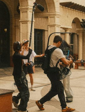 Crew crossing a courtyard with the camera rig and boom